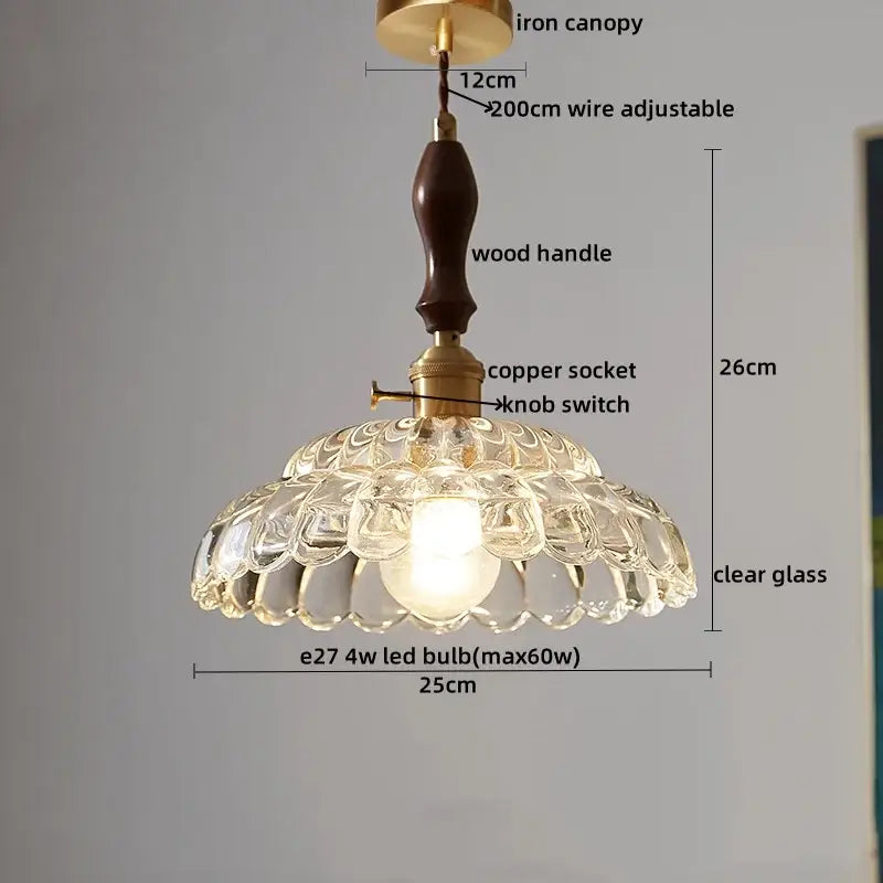 Modern patterned glass led pendant light kitchen wood and brass