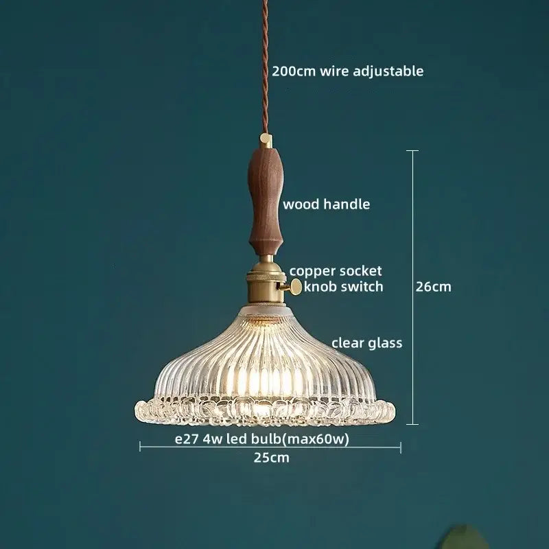Modern patterned glass led pendant light kitchen wood and brass