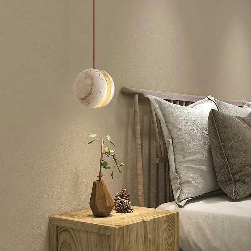 Yellow travertine and copper led pendant light kitchen hanging lamp