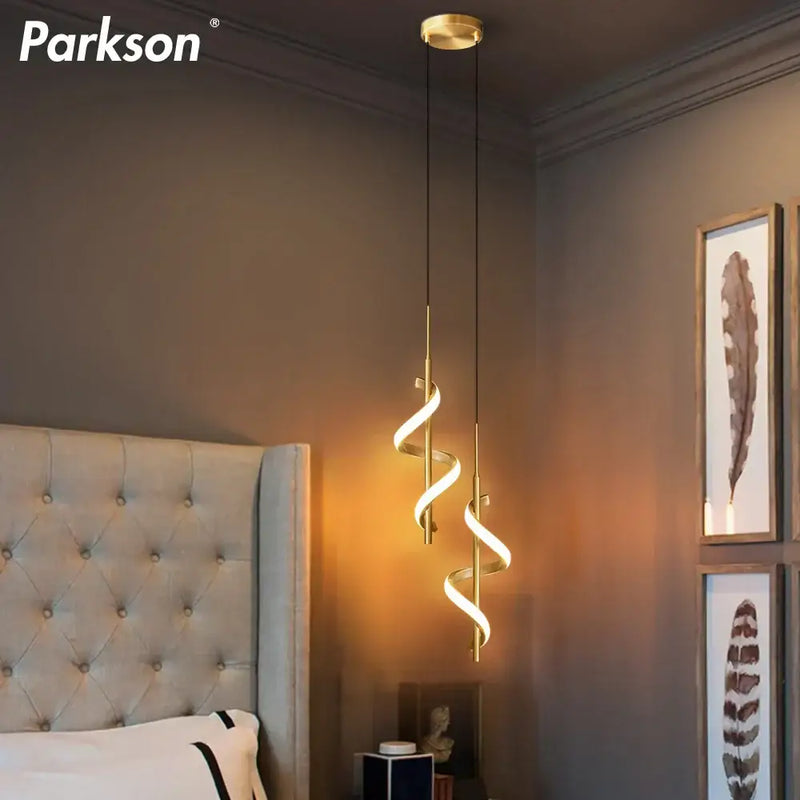 Modern gold spiral led pendant light bedroom hanging lamp