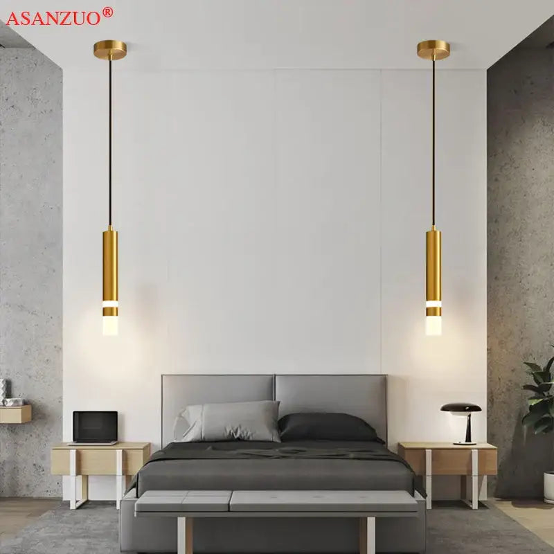 Modern minimalist gold led pendant light dining room cylindrical design