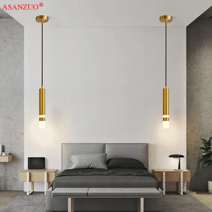 Modern minimalist gold led pendant light dining room cylindrical design