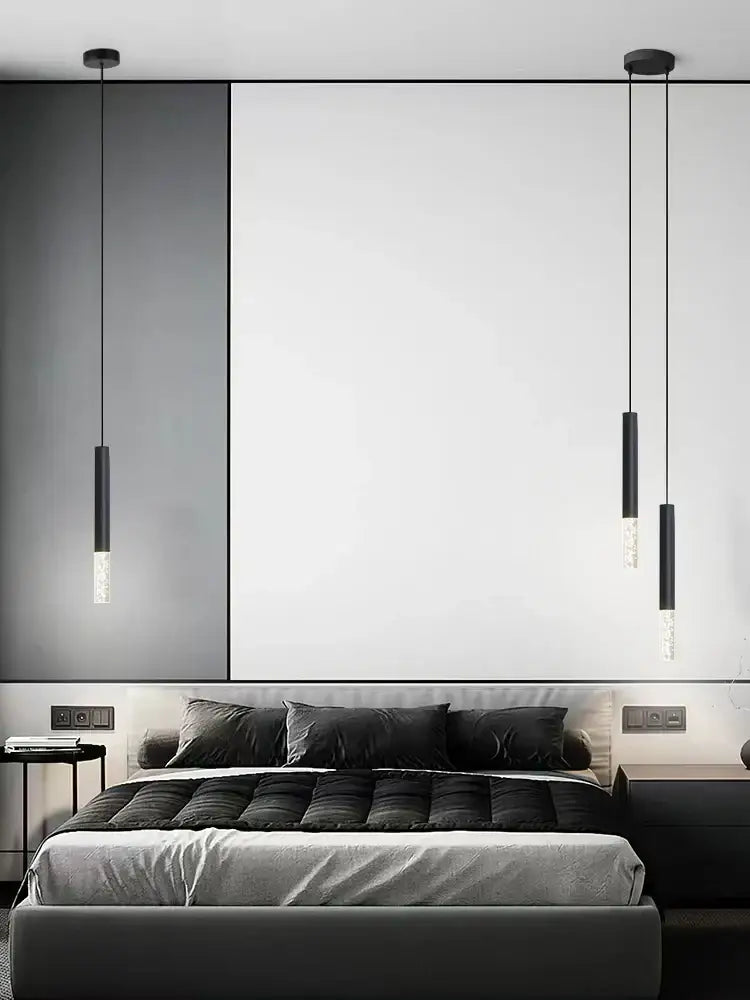 Modern black led pendant light for bedroom with frosted glass