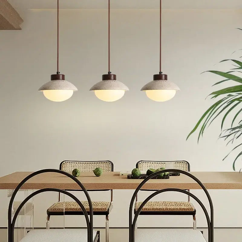 Minimalist beige concrete and wood led pendant light dining room