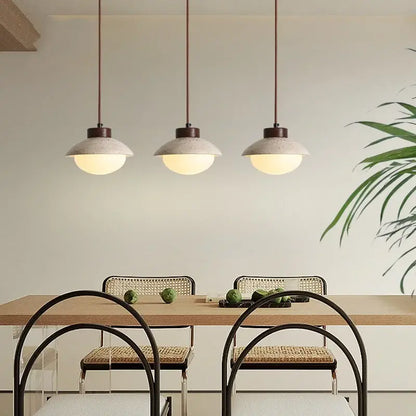 Minimalist beige concrete and wood led pendant light dining room