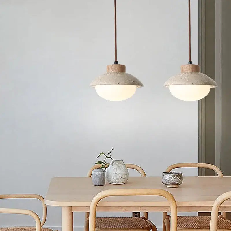 Minimalist beige concrete and wood led pendant light dining room