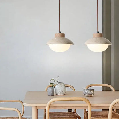 Minimalist beige concrete and wood led pendant light dining room