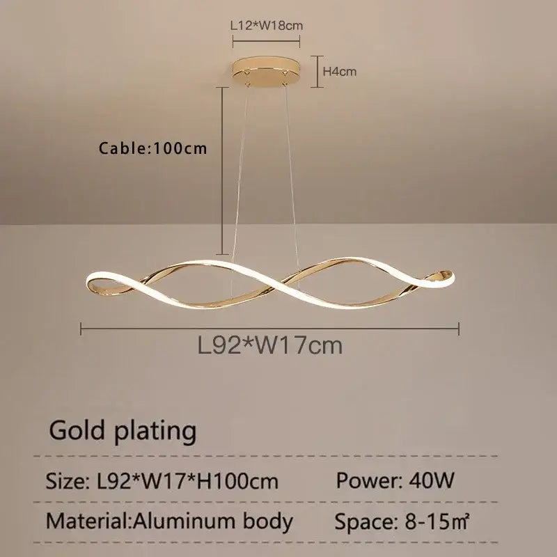 Modern twisted gold & white led pendant light for dining room