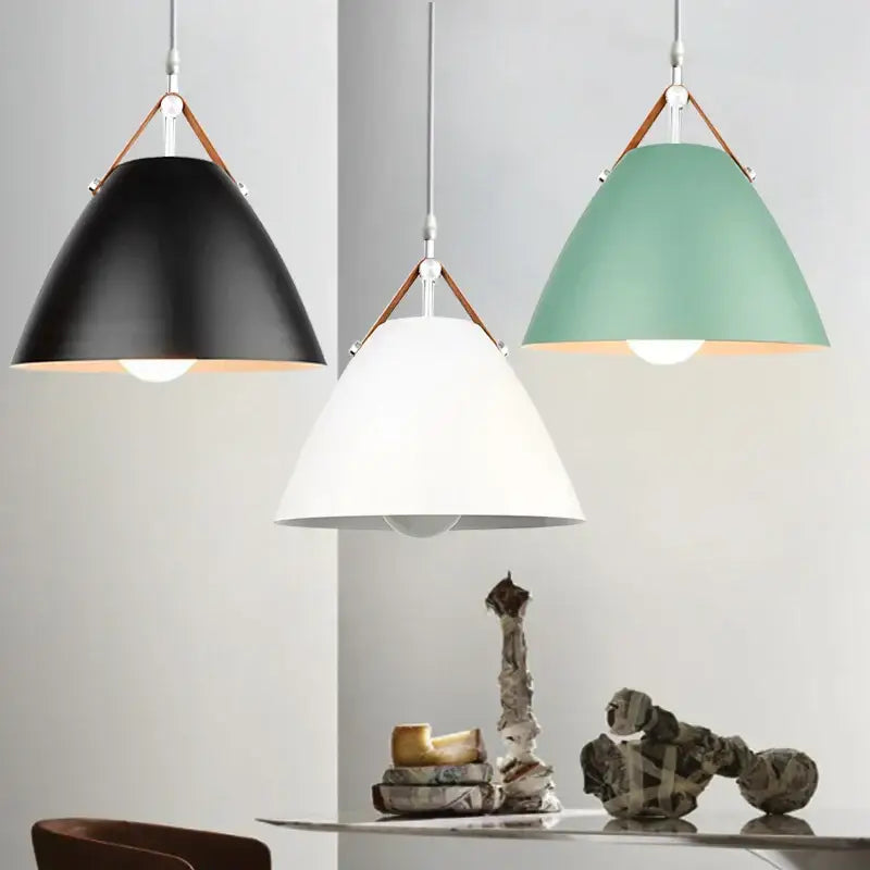 Modern conical led pendant light for dining room with leather straps