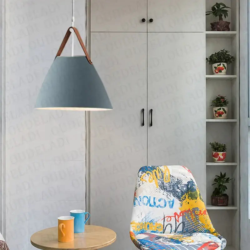 Modern conical led pendant light for dining room with leather straps