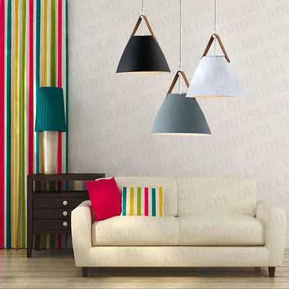 Modern conical led pendant light for dining room with leather straps