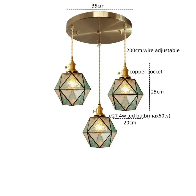 Geometric brass and green glass led pendant light for dining room