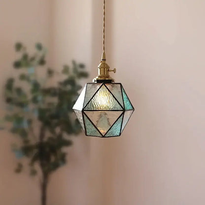 Geometric brass and green glass led pendant light for dining room