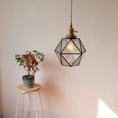 Geometric brass and green glass led pendant light for dining room
