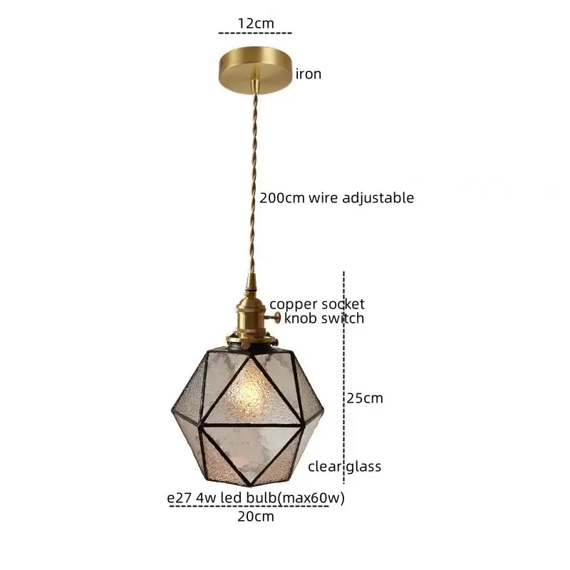 Geometric brass and green glass led pendant light for dining room