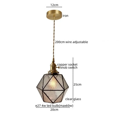 Geometric brass and green glass led pendant light for dining room