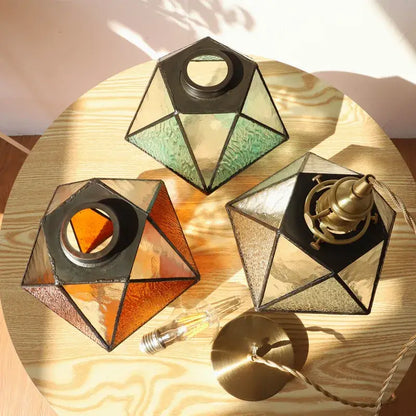 Geometric brass and green glass led pendant light for dining room