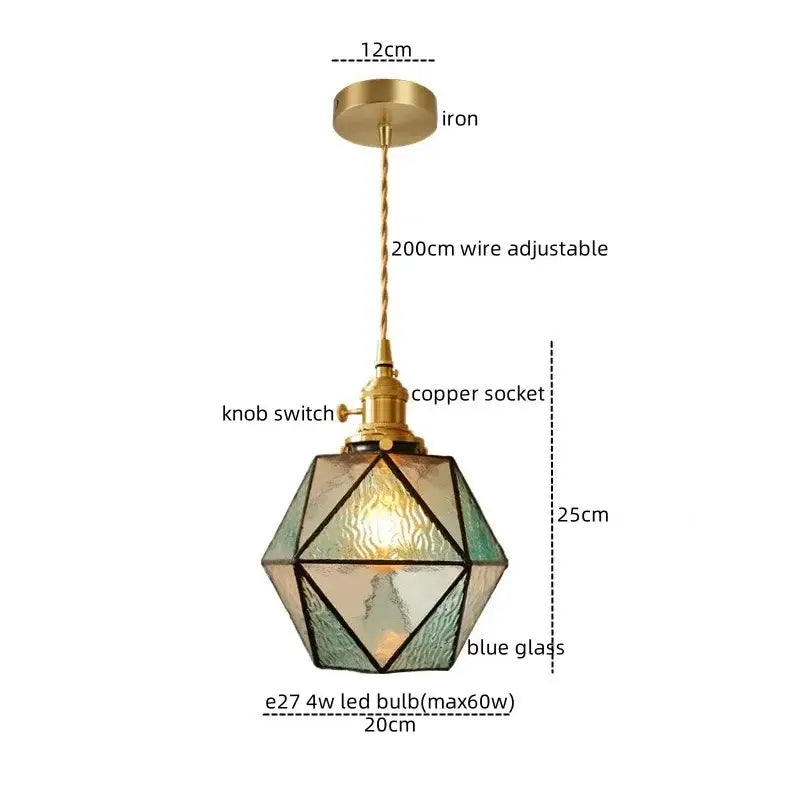 Geometric brass and green glass led pendant light for dining room