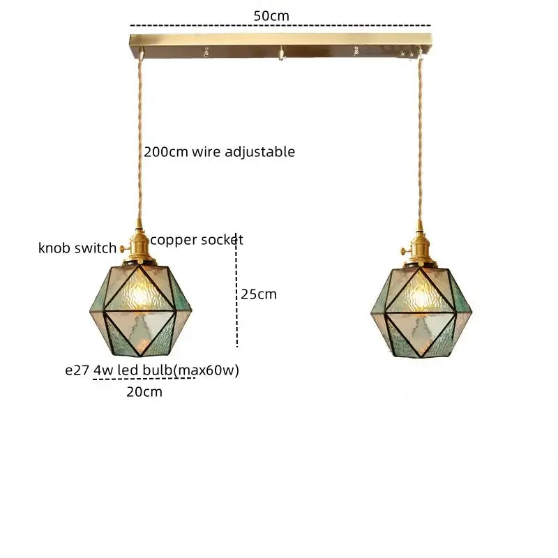 Geometric brass and green glass led pendant light for dining room
