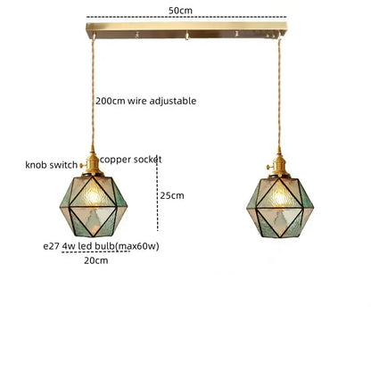 Geometric brass and green glass led pendant light for dining room