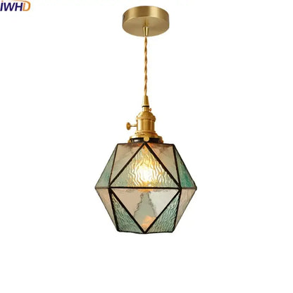 Geometric brass and green glass led pendant light for dining room