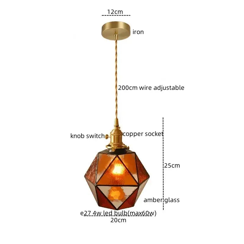 Geometric brass and green glass led pendant light for dining room