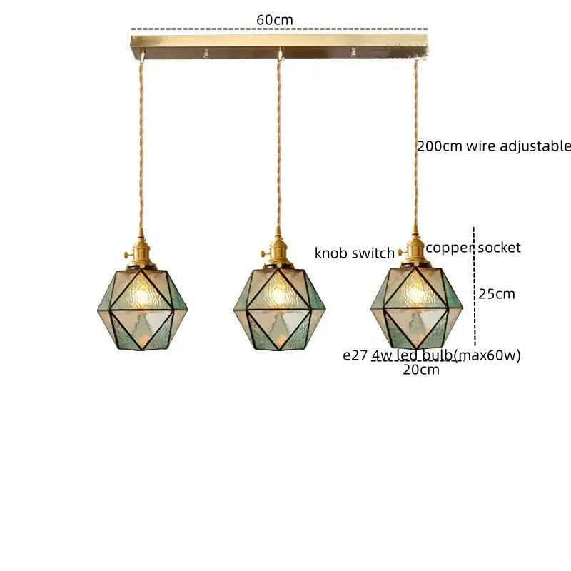 Geometric brass and green glass led pendant light for dining room