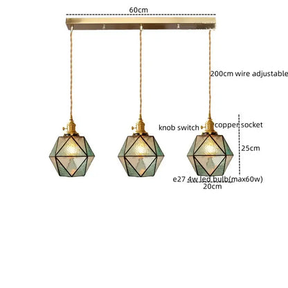 Geometric brass and green glass led pendant light for dining room