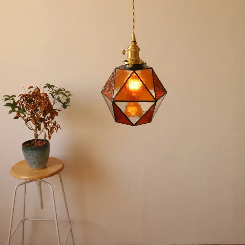 Geometric brass and green glass led pendant light for dining room