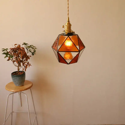 Geometric brass and green glass led pendant light for dining room