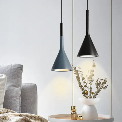 Modern matte black & blue led pendant light living room conical shade