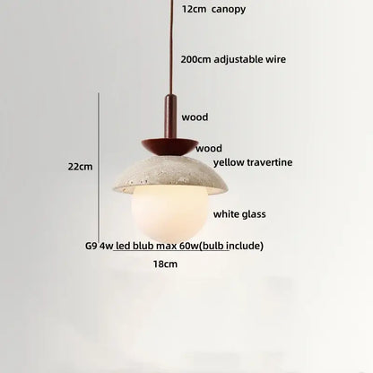 Wabi sabi beige stone and wood led pendant light dining room