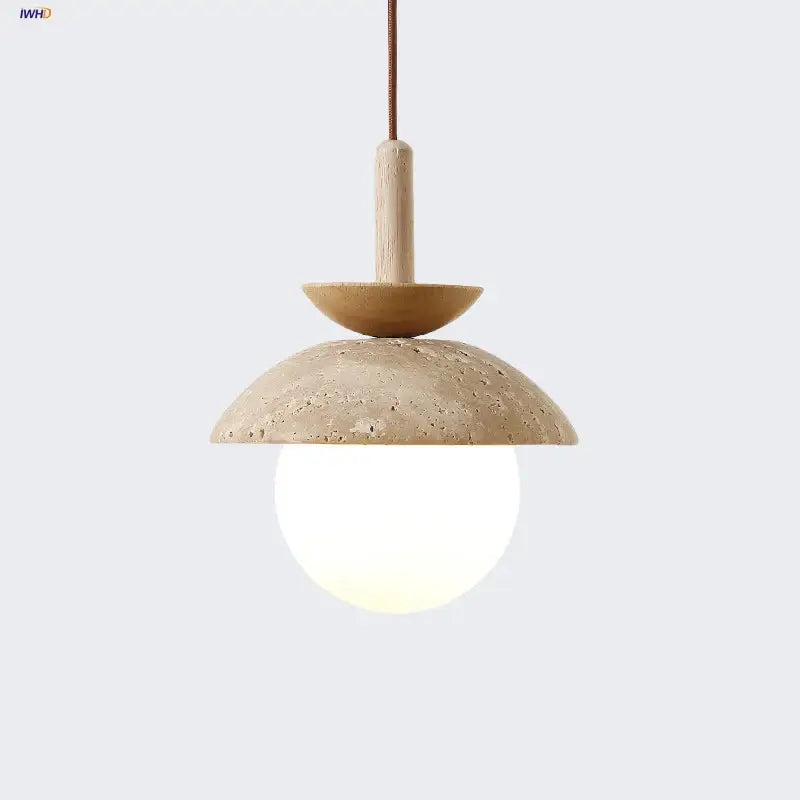 Wabi sabi beige stone and wood led pendant light dining room