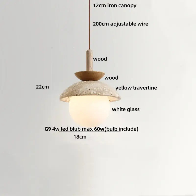 Wabi sabi beige stone and wood led pendant light dining room