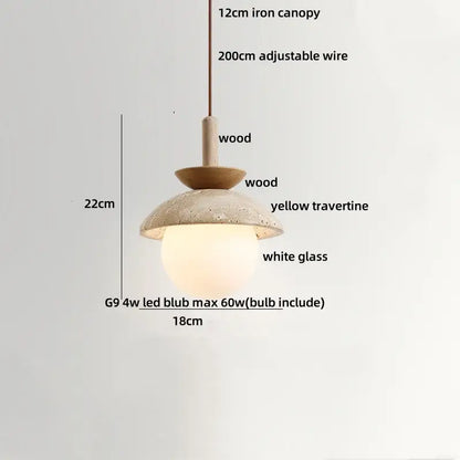 Wabi sabi beige stone and wood led pendant light dining room