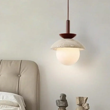 Wabi sabi beige stone and wood led pendant light dining room