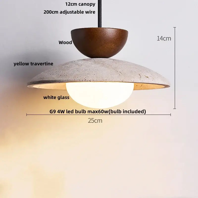 Wabi sabi beige stone and wood led pendant light dining room