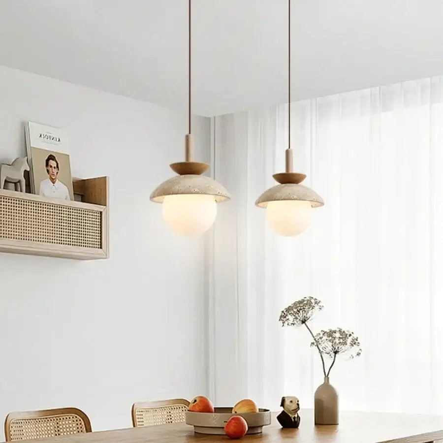 Wabi sabi beige stone and wood led pendant light dining room
