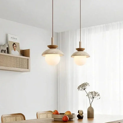 Wabi sabi beige stone and wood led pendant light dining room