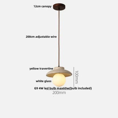 Wabi sabi beige stone and wood led pendant light dining room