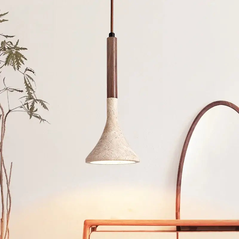 Modern beige concrete and dark wood led pendant light dining room