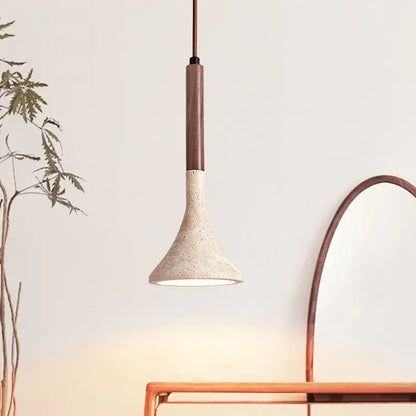 Modern beige concrete and dark wood led pendant light dining room