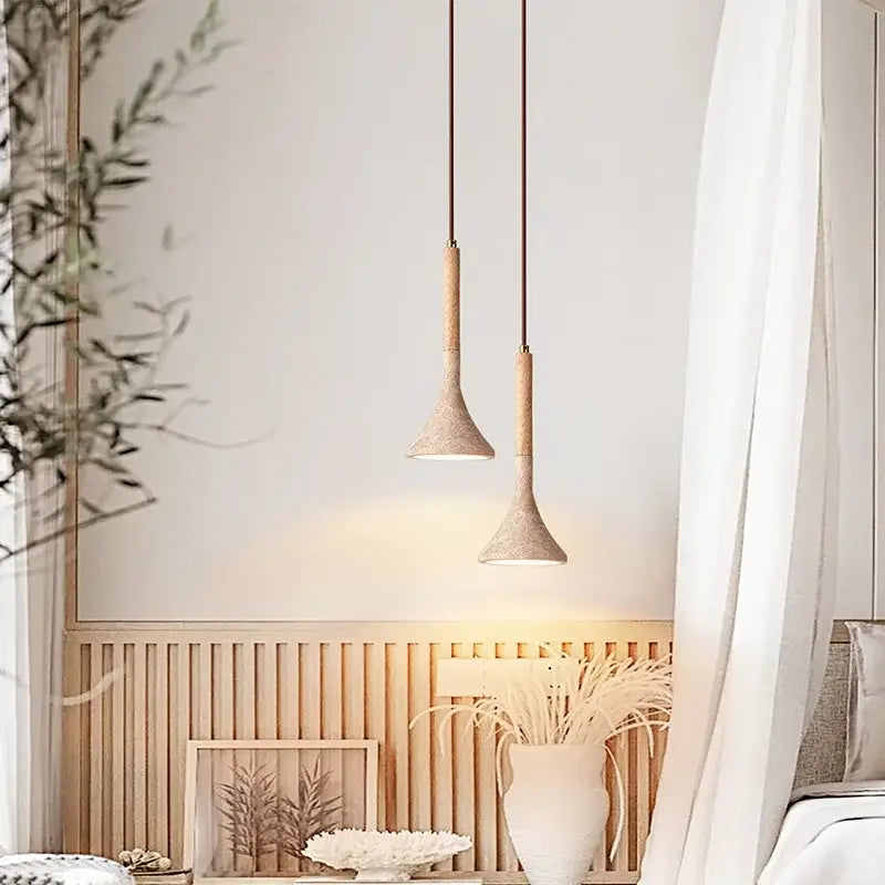 Modern beige concrete and dark wood led pendant light dining room