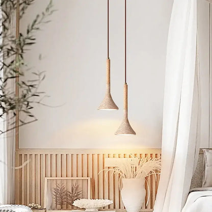 Modern beige concrete and dark wood led pendant light dining room