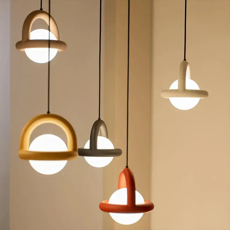 Minimalist arched wood and terracotta led pendant lights dining room