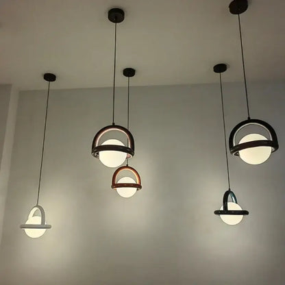 Minimalist arched wood and terracotta led pendant lights dining room