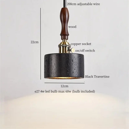 Black travertine cylindrical pendant light for dining room