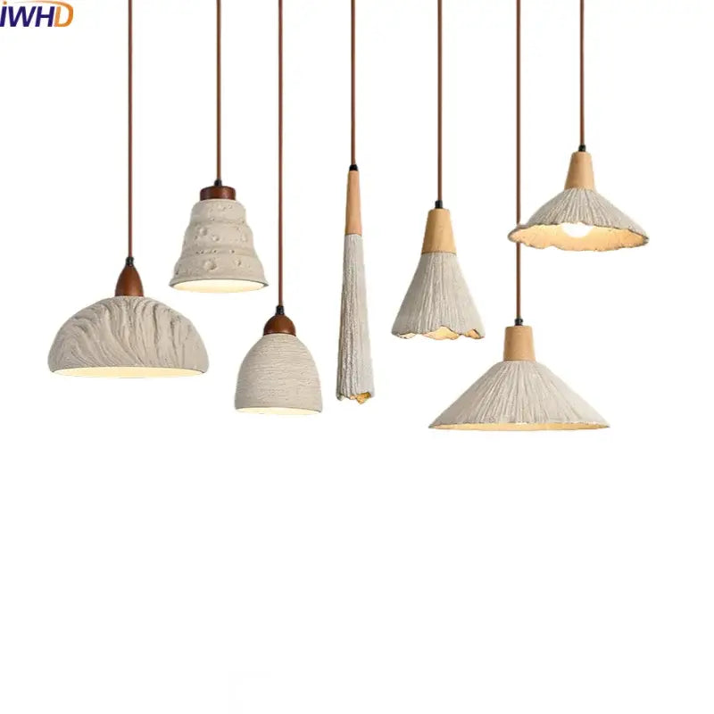 Modern off-white ceramic and wood led pendant lights kitchen set of 6