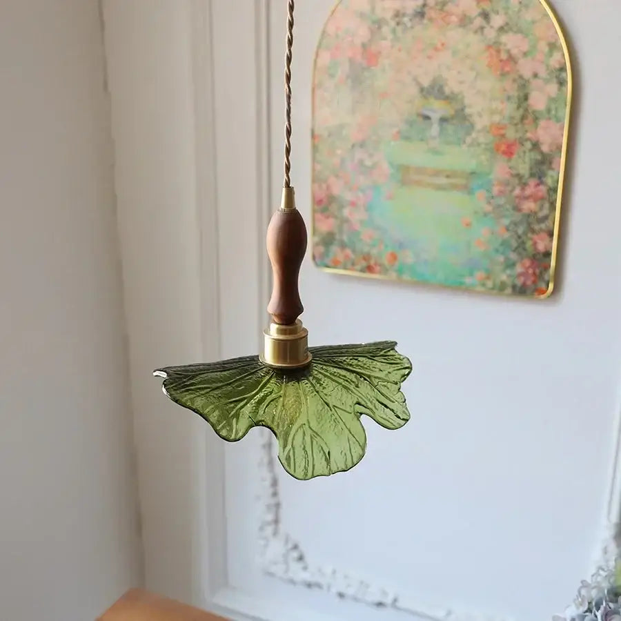 Modern leaf green glass and walnut led pendant light dining room