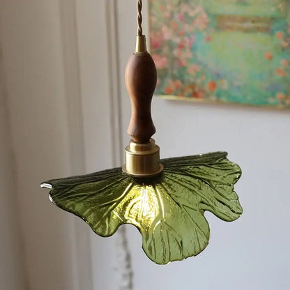 Modern leaf green glass and walnut led pendant light dining room